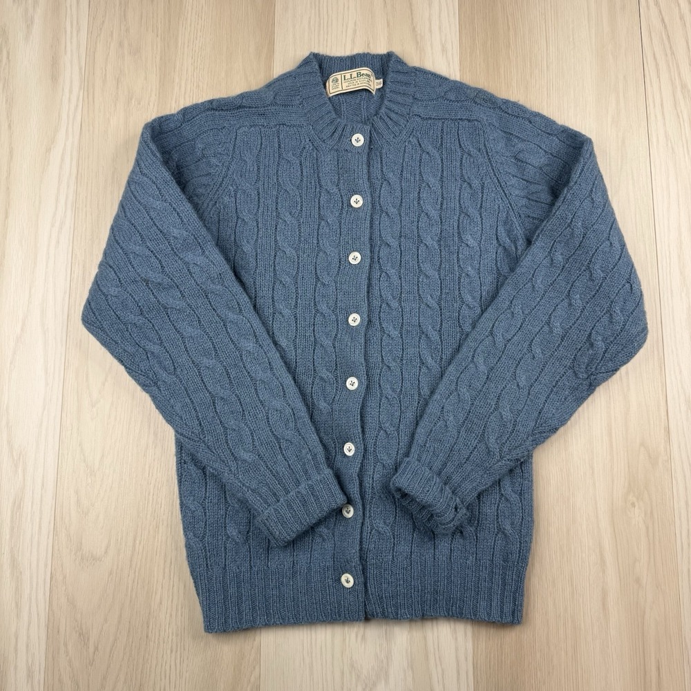 L.L.Bean Shetland Wool Cable Knit Button Cardigan Blue Women's Size 36 Scotland